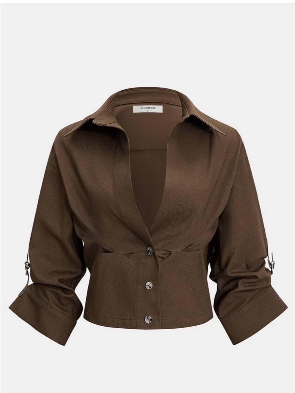 Commense Cropped Collar Buttoned Shirt Chocolate Brown